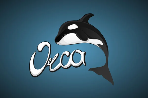 Whale Orca. Concept vector hand drawn illustration, logo. Design of simple icon with text. Sketch art. Flat design. Lettering. — 스톡 벡터