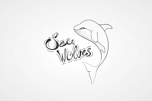 Ballena Orca. Concepto vector ilustración dibujada a mano, logotipo. Diseño de icono simple con texto. Boceto de arte. Diseño plano. Cartas . — Archivo Imágenes Vectoriales