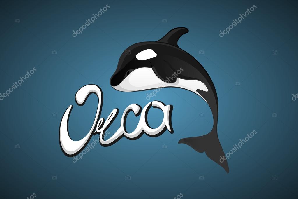 Whale Orca. Concept vector hand drawn illustration, logo. Design of simple icon with text. Sketch art. Flat design. Lettering