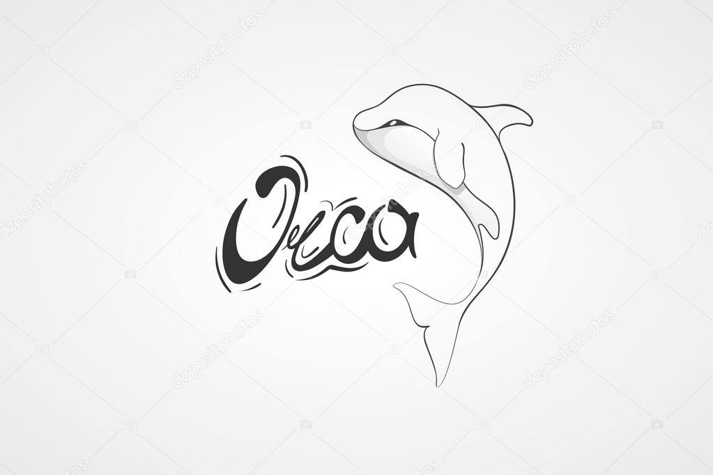 Whale Orca. Concept vector hand drawn illustration, logo. Design of simple icon with text. Sketch art. Flat design. Lettering