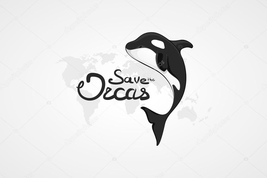 Whale Orca. Concept vector hand drawn illustration, logo. Design of simple icon with text. Sketch art. Flat design. Lettering.