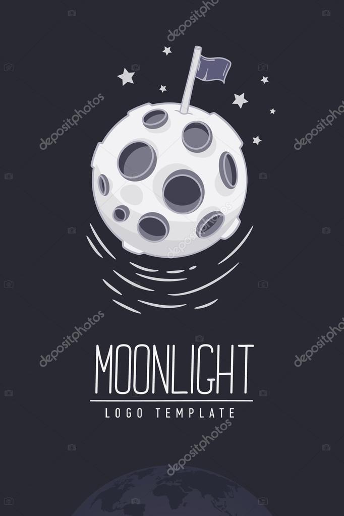 Cosmic thin line colored vector illustration or symbol with lettering. Concept: star in galaxy or lunar surface. Template logo. Flyer, poster.