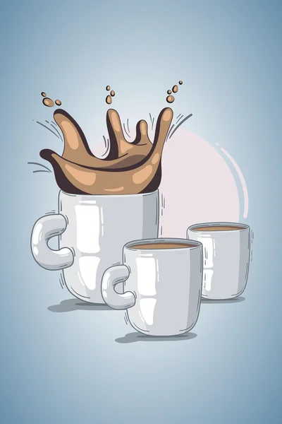 Taza de ilustración de vector. café o té con salpicaduras. fondo claro, círculo rosa. garabatos, dibujos animados, estilo boceto. concepto de menú de restaurante. composición de tres temas . — Vector de stock