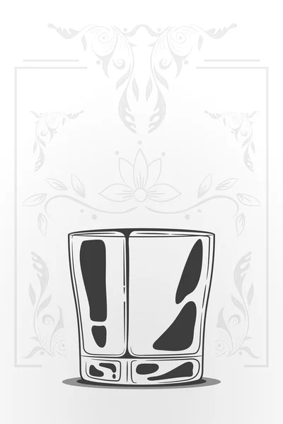 Bicchiere di whisky. illustrazione disegnata a mano vettore in stile cartone animato. Concetto di spazio negativo. schizzo del logo. Decorativo ornamento organico su sfondo . — Vettoriale Stock