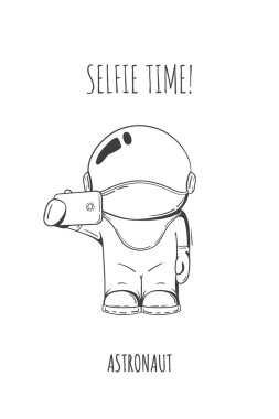El çizimi kozmonot smartphone ile vektör. Tasarım konsepti. Kendimi fotoğraf sayısı. selfie zaman. karakter.