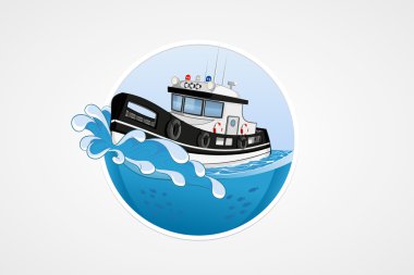  Moving speed police boat. Deep sea with wave. Round vector computer icons for applications or games. Logo template. Handdrawn Illustration.