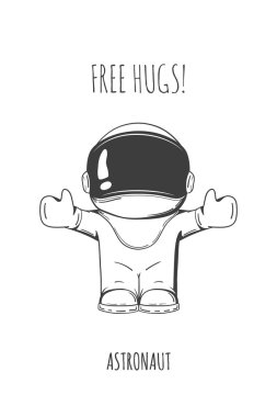 Vektör çizim astronot. Tasarım konsepti. Ücretsiz hugs. Tebrik. Kucaklama. Şirin trendy karakter.