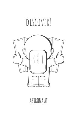 Hand drawn cartoon astronaut in spacesuit back view. Line art cosmic vector illustration astronaut look at the map, looking for something. Concept space travel, spaceflight, navigation on terrain. clipart