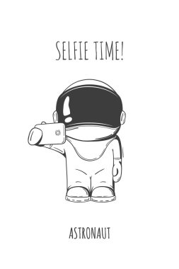 El çizimi kozmonot smartphone ile vektör. Tasarım konsepti. Kendimi fotoğraf sayısı. selfie zaman. karakter.