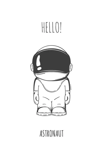 stock vector Hand drawn cartoon astronaut in space suit. One died. Line art cosmic vector illustration cosmonaut who stand alone. Concept hello world.