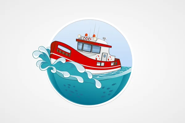 Barca di soccorso in movimento. Mare profondo con onda. Icone rotonde per computer vettoriale per applicazioni o giochi. Modello di logo ed emblema. Illustrazione disegnata a mano . — Vettoriale Stock