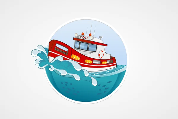 Un bote de rescate en movimiento. Mar profundo con olas. Iconos de computadora vectorial redonda para aplicaciones o juegos. Logo y plantilla de emblema. Ilustración dibujada a mano . — Archivo Imágenes Vectoriales