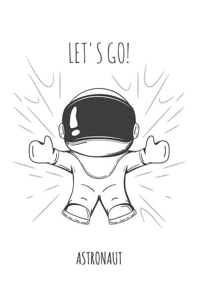 Hand drawn cartoon astronaut in spacesuit. Line art cosmic vector illustration cosmonaut who drop or flies. concept: flying in zero gravity, travel.
