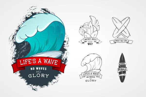 Set of vector patterns for design logos on theme of water, surfing, ocean, sea, palm, ribbon, wave, surfbord. Stylized Design element with lettering. — Stockový vektor