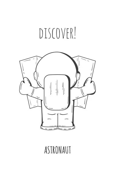 Hand drawn cartoon astronaut in spacesuit back view. Line art cosmic vector illustration astronaut look at the map, looking for something. Concept space travel, spaceflight, navigation on terrain. — Stockvector