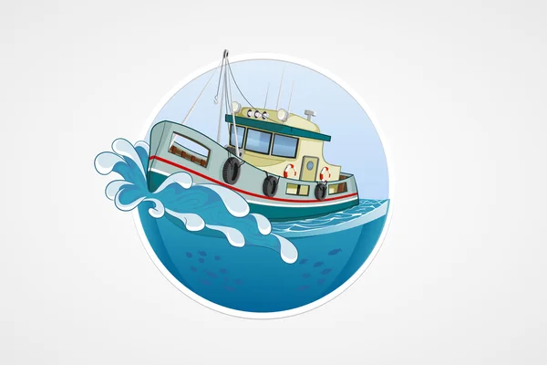 Barco de pesca en movimiento. Mar profundo con olas. Iconos de computadora vectorial redonda para aplicaciones o juegos. Logo y plantilla de emblema. Ilustración dibujada a mano . — Vector de stock