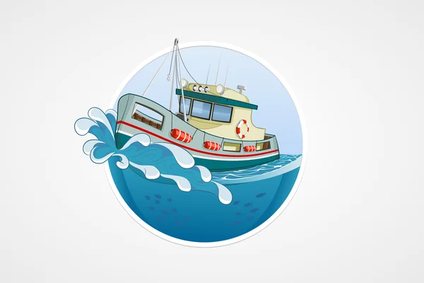 Bateau de pêche en mouvement. Mer profonde avec vague. Icônes d'ordinateur vectorielles rondes pour applications ou jeux. Modèle de logo et d'emblème. Illustration dessinée à la main . — Image vectorielle