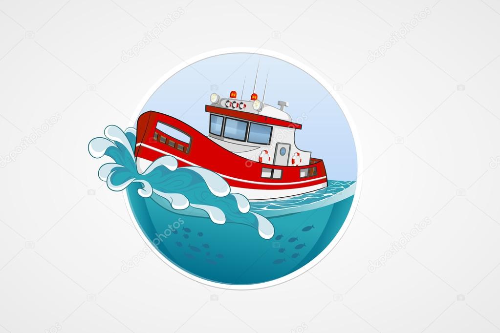Moving rescue boat. Deep sea with wave. Round vector computer icons for applications or games. Logo and emblem template. Handdrawn Illustration.