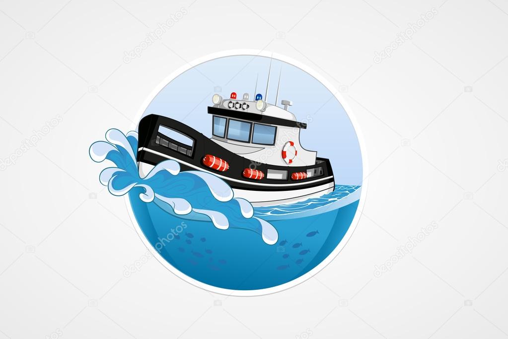  Moving speed police boat. Deep sea with wave. Round vector computer icons for applications or games. Logo template. Handdrawn Illustration.