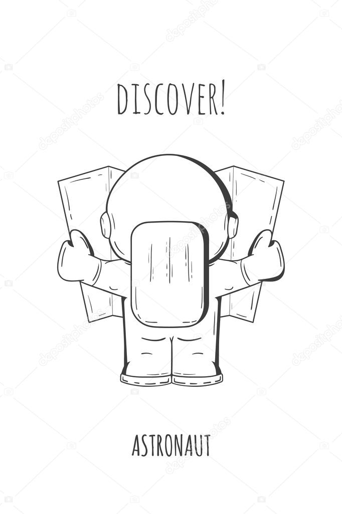 Hand drawn cartoon astronaut in spacesuit back view. Line art cosmic vector illustration astronaut look at the map, looking for something. Concept space travel, spaceflight, navigation on terrain.