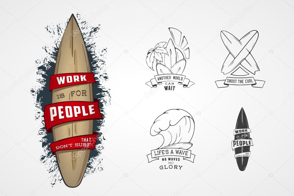 Set of vector patterns for design logos on theme of water, surfing, ocean, sea, palm, ribbon, wave, surfbord. Stylized Design element with lettering.