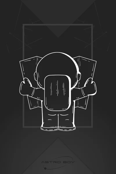 Hand drawn cartoon astronaut in spacesuit back view. Line art cosmic vector illustration astronaut look at the map, looking for something. Concept space travel, spaceflight, navigation on terrain. Vector Graphics