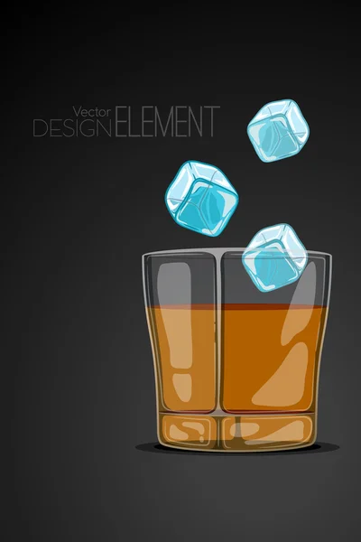 Glass of whiskey on abstract black background with flying ice cubes. Strict artsy style. Colored cartoon vector illustration. Template concept for the menu or invitation. Design element. — Stock Vector