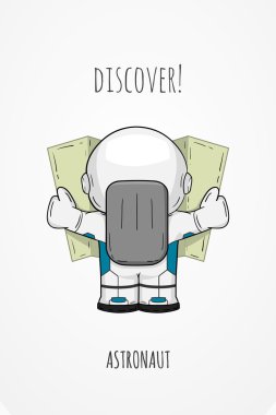 Hand drawn cartoon astronaut in spacesuit back view. Line art cosmic vector illustration cosmonaut look at the map, looking for something. Concept space travel, spaceflight, navigation on terrain. clipart