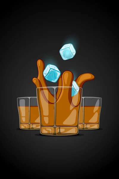 Illustration vectorielle dessin animé en verre avec boisson alcoolisée. glaçons tombant et éclaboussant liquide — Image vectorielle