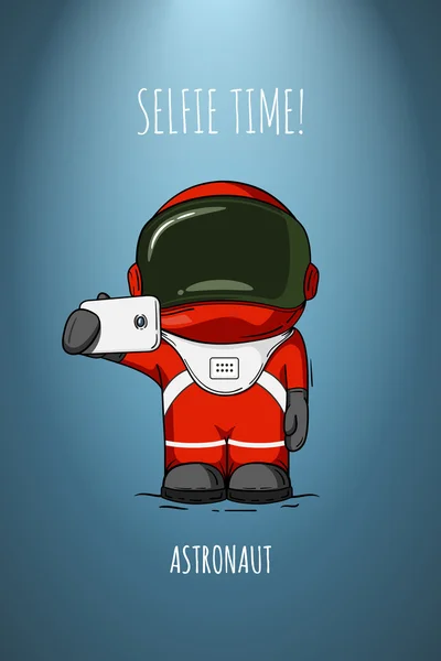 ภาพเวกเตอร์ของนักบินอวกาศที่มีสมาร์ทโฟนอยู่ในมือ แนวคิดการออกแบบ ถ่ายรูปตัวเอง เวลาถ่ายเซลฟี่ อักขระ . — ภาพเวกเตอร์สต็อก