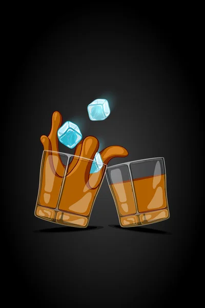 Vetor desenho animado ilustração vidro desenhado com bebida alcoólica. cubos de gelo caindo e salpicar líquido — Vetor de Stock