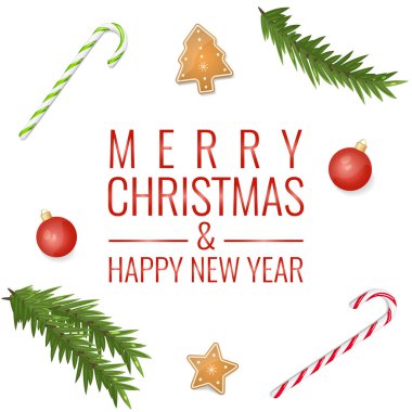 Süslü Noel arkaplanı: sert şeker, kurabiye, köknar dalı. Mutlu Noeller ve mutlu yıllar kartı konsepti. Vektör stok illüstrasyonu.