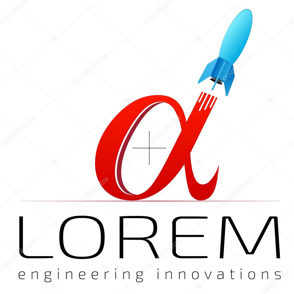 Vector logo template, space exploration logo, astronomy, flying rocket emblem, rocket launch, engineering service, aerospace, science, hitech, hi-tech, alpha, prime