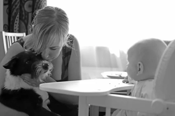Beyaz bir kadın siyah beyaz bir köpeği öperken bir bebek de beslenme koltuğunda oturup izliyor.