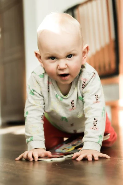 Kızgın çocuk kameraya bakar ve neşeli bir ifadeyle kükrer.