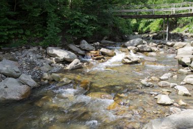 açık, şeffaf su bir dağın üzerinde yaya köprüsü