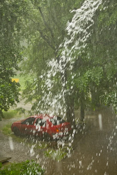 Red car under the summer downpour in the trees — Stock Photo, Image
