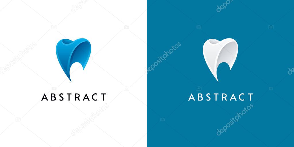 3d dental logo designs. Abstract tooth icons on white and blue backgrounds.