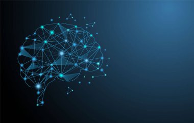 Soyut teknolojik düşük polyester beyin arka planı. Mavi temalı dijital çokgen beyin tasarımı.