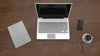 Üst görünüm 3D Hazırlama: Dizüstü bilgisayar, telefon, defter, kalem ve bir fincan kahve, maket şablonu, bir ofis masasında