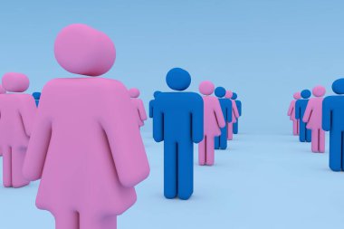 3D Render: Coronavirus salgını nedeniyle güvenli bir mesafede duran kadın ve erkek temsilcisi.