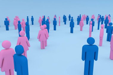 3D Render: Coronavirus salgını nedeniyle birbirlerinden güvenli mesafede duran bir kalabalığın kadın ve erkek temsilcisi.