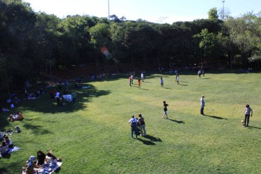 Yeşil alandaki insanlar - yukarıdan bir park manzarası - piknik ve spor