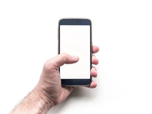 Primer plano de la mano del hombre sosteniendo y utilizando el teléfono inteligente móvil —  Fotos de Stock