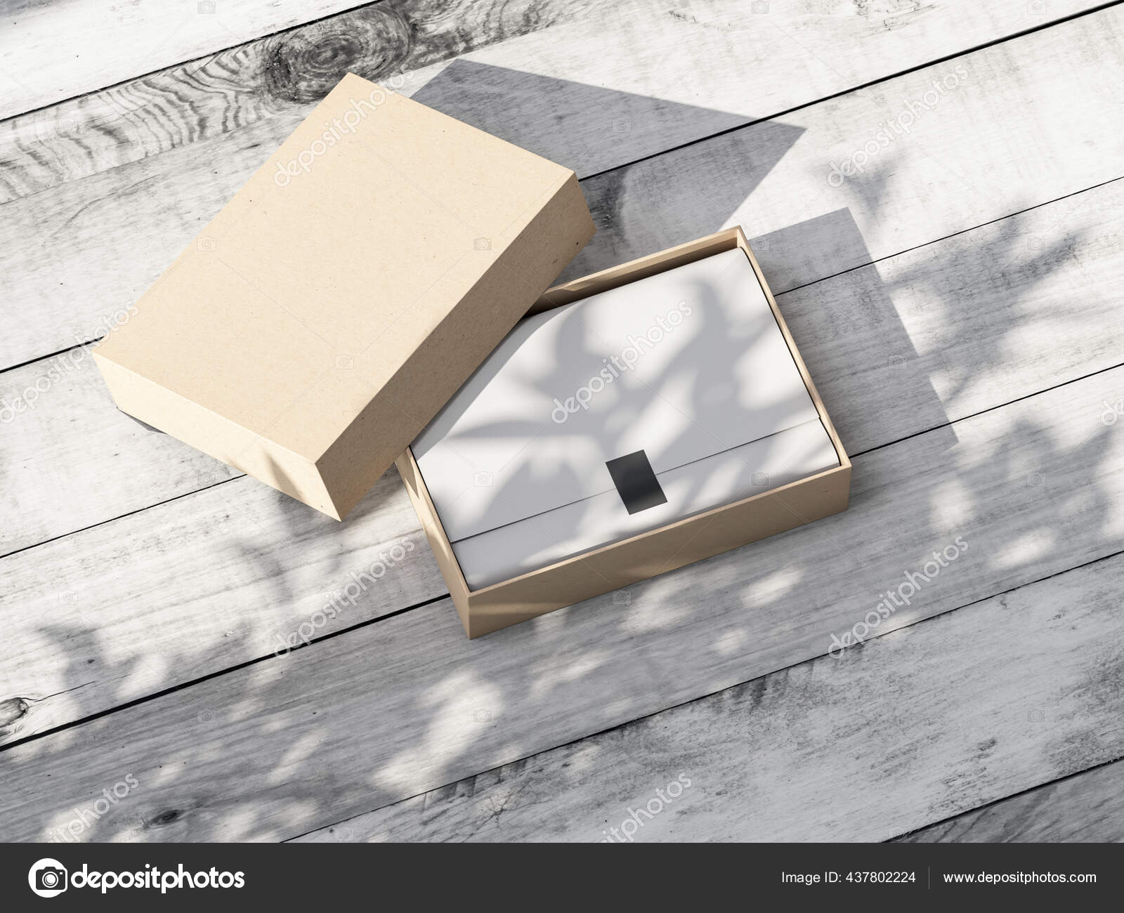 Download Open Cardboard Gift Box Mockup White Wrapping Paper Wooden Table Stock Photo Image By C Customdesigner 437802224
