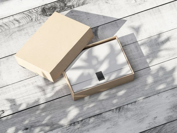 Otevřít Karton Dárková Krabička Mockup Bílým Balicím Papírem Dřevěném Stole — Stock fotografie