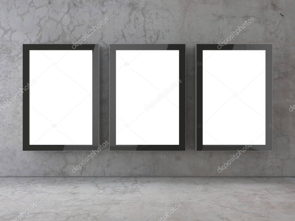 3d illustration of empty room with concrete wall with blank screens