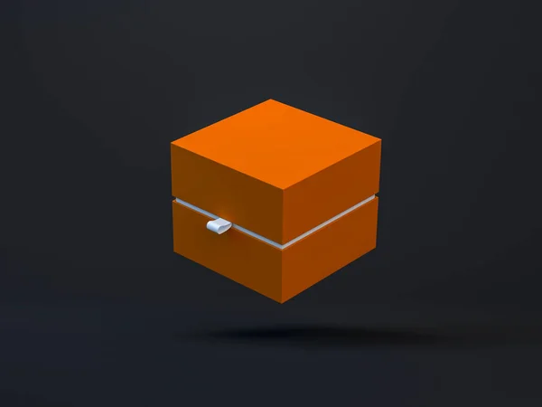 Orange Square Box Verpackung Mockup Fliegen Auf Schwarzem Hintergrund — Stockfoto