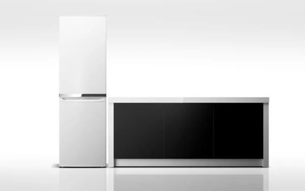 Kühlschrank mit schwarzem Tisch, Küchenmöbel — Stockfoto