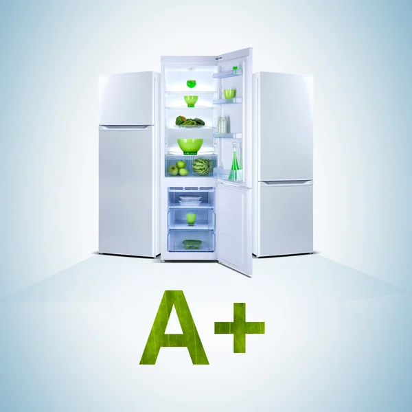 Três frigoríficos. Porta aberta, Classe A, A plus, palavra — Fotografia de Stock